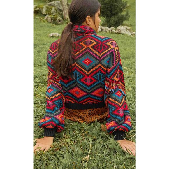 Farm Rio Rauti Beaded Sweater Small Turtleneck Aztec Knit Tassel Multicolor Top - Picture 4 of 11